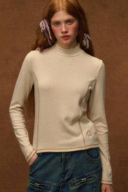 Vintage Heart Embroidered Turtleneck Top