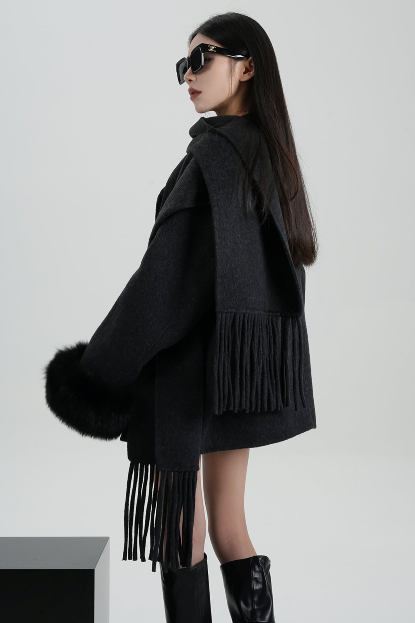 Fox Fur Sleeve Mid-Length Wool Coat