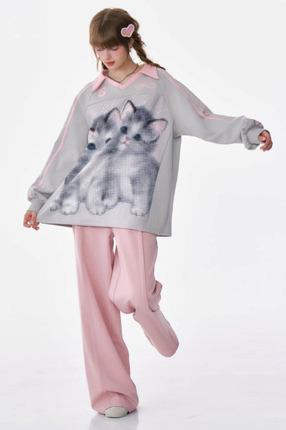 Cat Print Loose V-Neck Sweatshirt