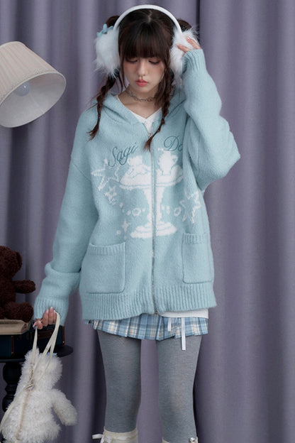 SagiDolls Girl's Fighting Spirit Winter Visitor Fairy Tale Jacquard Lake Blue Hooded Sweater Appears White Loose and Versatile