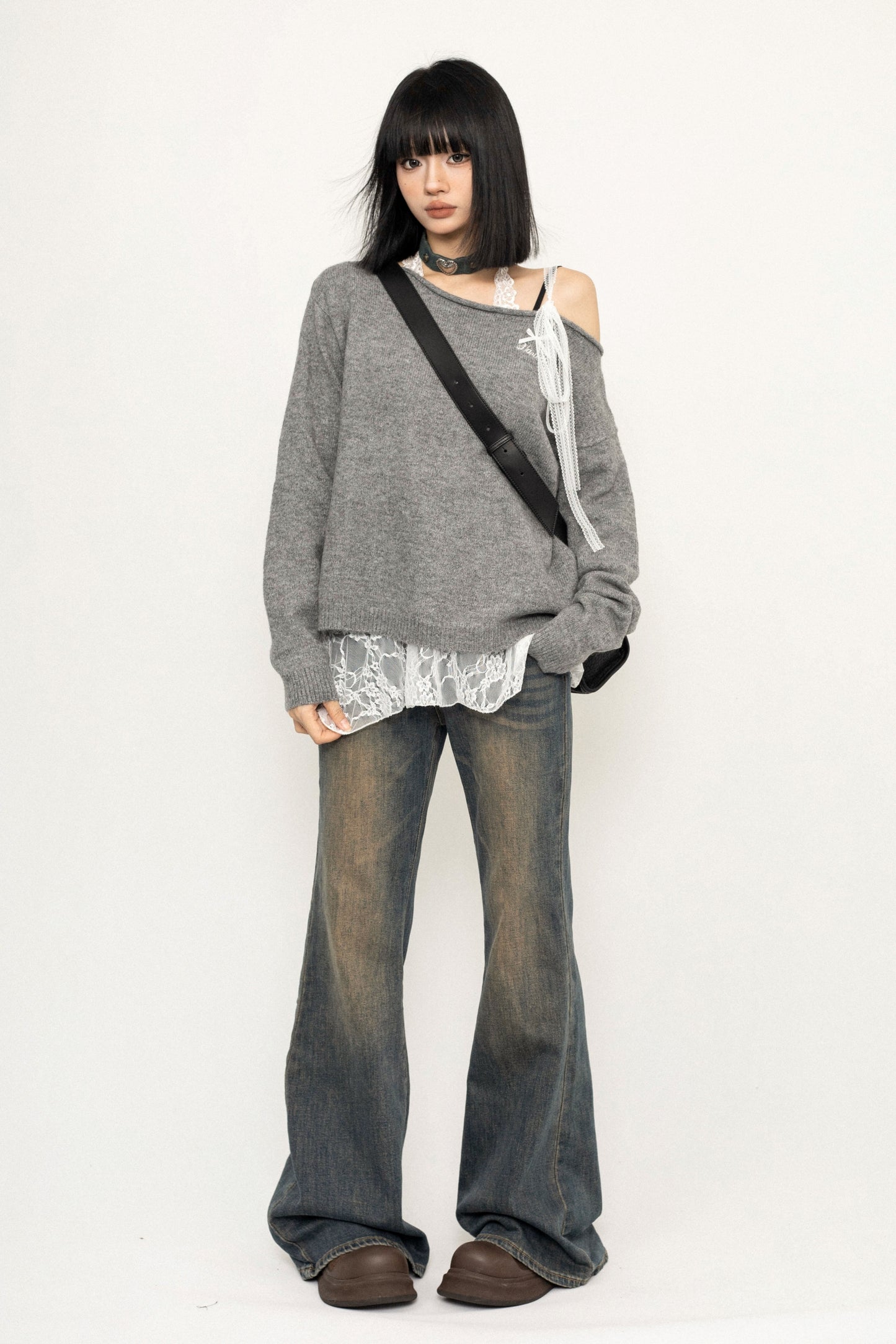 Lace Tie Slanted Shoulder Knit Sweater