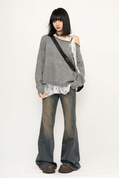 Lace Tie Slanted Shoulder Knit Sweater