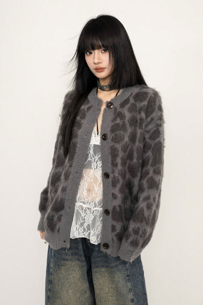 Loose Fit Leopard Print Knit Jacket