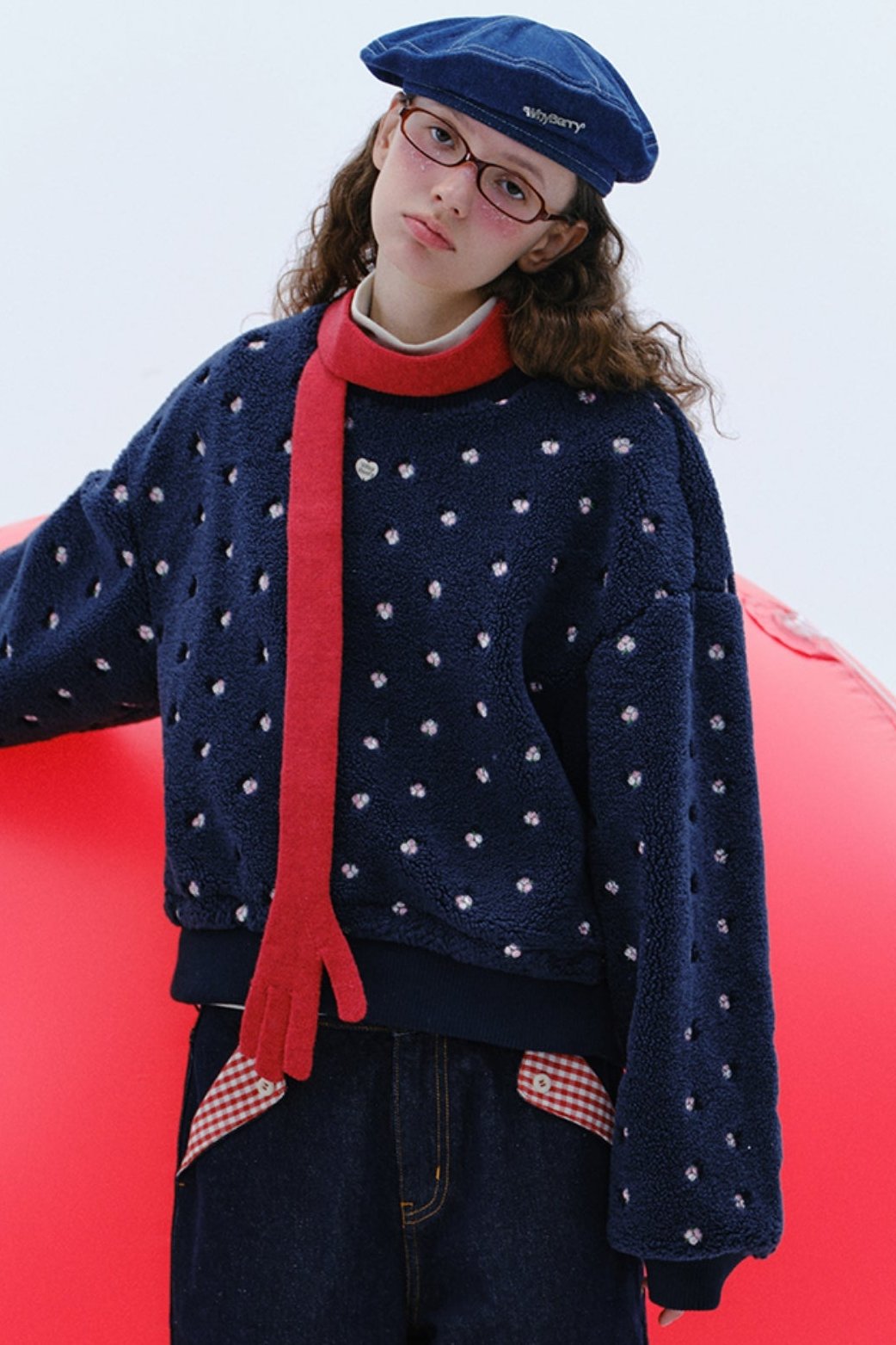 WhyBerry 24AW "Holiday Time" Floral Lambswool Sweatshirt Jacke Cropped Dropped Shoulder Lose Jacke