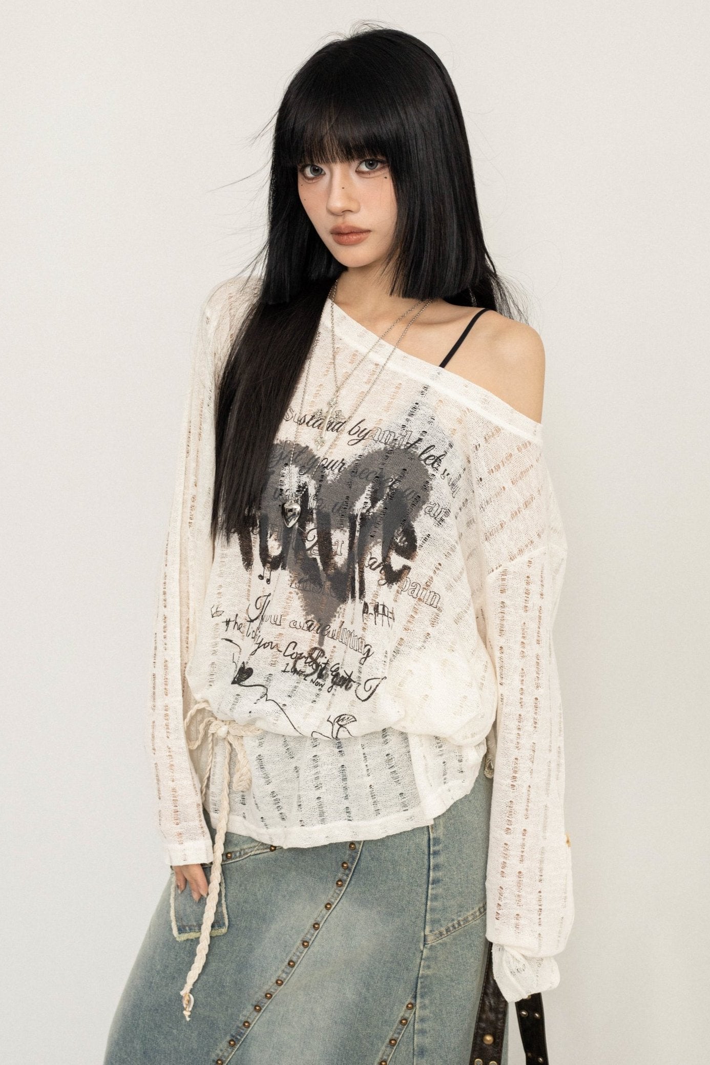 Versatile Mesh Cut-Out Knit Blouse Top