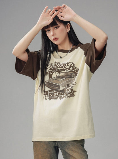 Retro Car Raglan Sleeve Short Sleeve Top