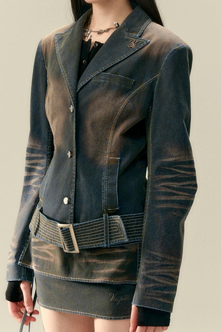 Wide Belt Cinched Denim Casual Jacket Set-Up