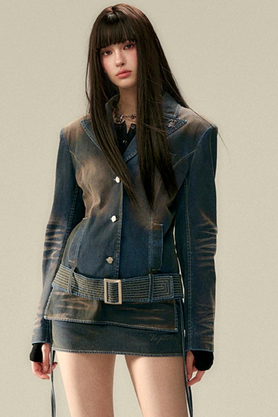 Wide Belt Cinched Denim Casual Jacket Set-Up