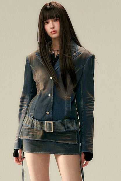 Wide Belt Cinched Denim Casual Jacket Set-Up