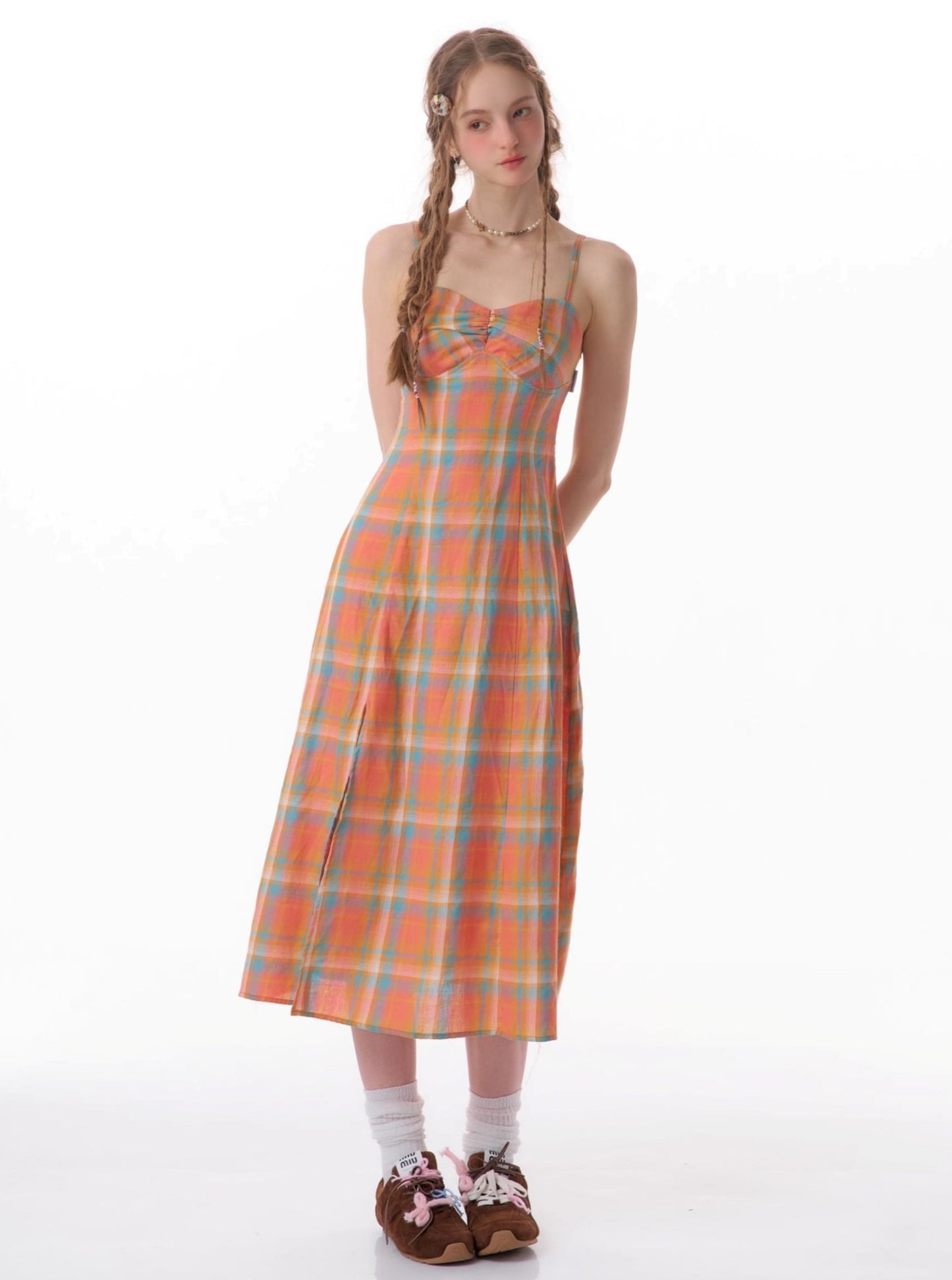 Orange Check Cinched Slip Dress