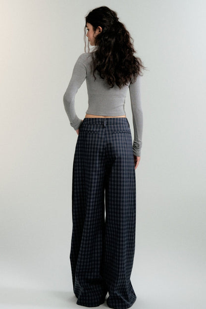 LULUSWINGS 24AW Slouchy Antique Navy Plaid Wide-Leg Pants Women's Loose Casual Straight Pants