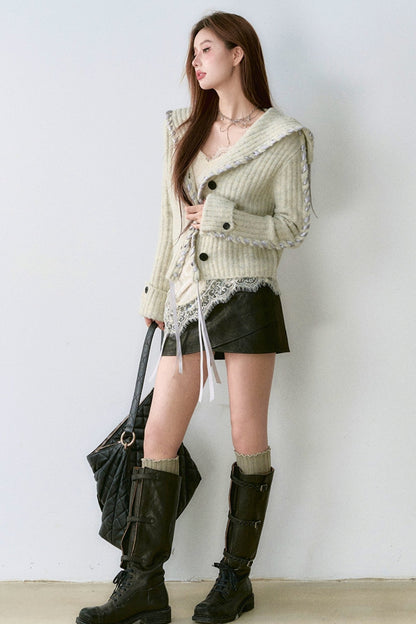 Lace Panel Sweater Jacket With Contrasting Knit Cardigan Vest