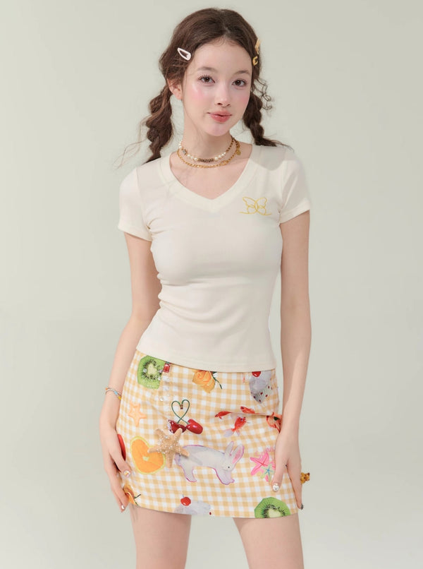 Butterfly Embroidery V-Neck T-Shirt