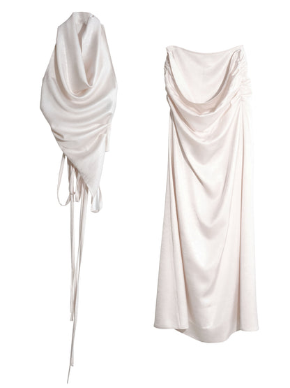 White Two-Piece Draped Vest Maxi Dress Set