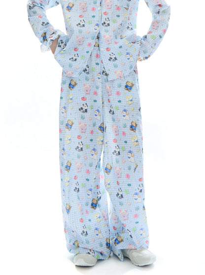 APEA sleepy bear puppy lazy long-sleeved pajamas cotton cute cartoon print parental pants two-piece suit