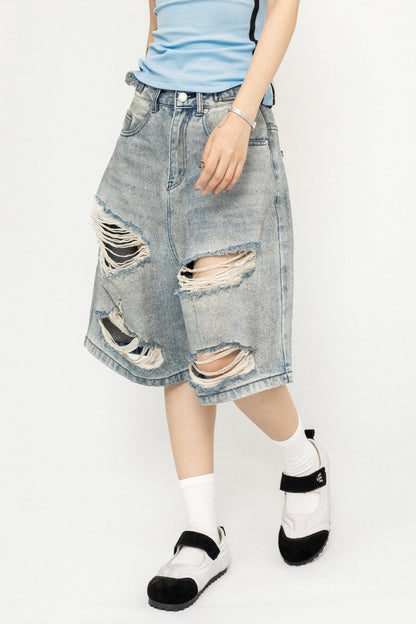 Ripped Denim Shorts Cropped Pants