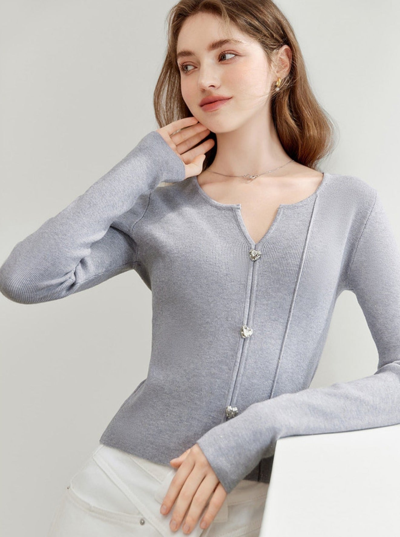 French Small V-Neck Pullover Knit Top