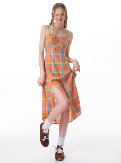 Orange Check Cinched Slip Dress