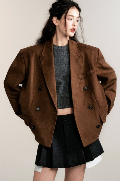 Dark Brown Suede Casual Blazer Short Jacket