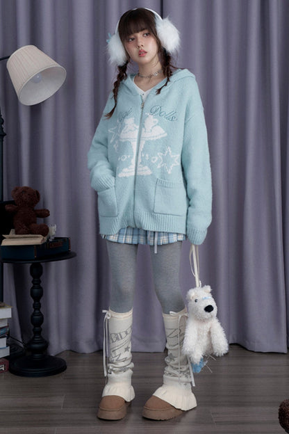 SagiDolls Girl's Fighting Spirit Winter Visitor Fairy Tale Jacquard Lake Blue Hooded Sweater Appears White Loose and Versatile