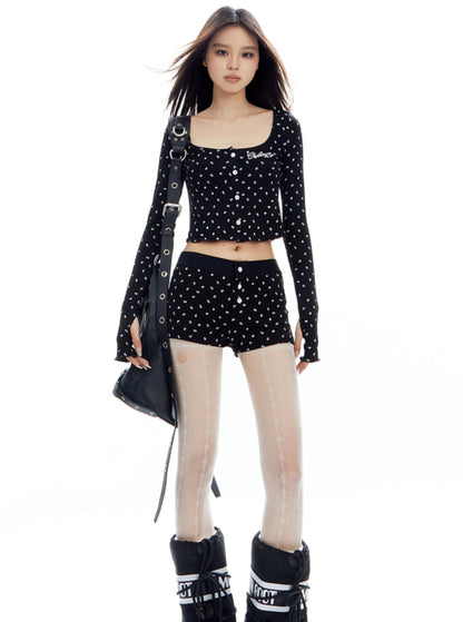 Knit Cardigan and Lace Camisole Hot Pants Set