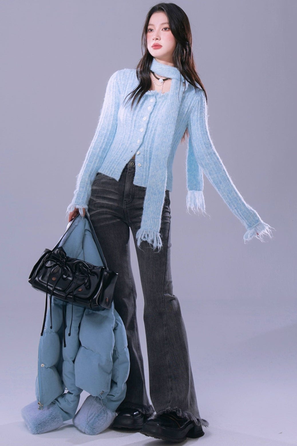 COTRE Sweet Mist Vibe Alpaca Milk Mist Blue, Sunset Pink, Tassel Small Fragrance Wool Cardigan