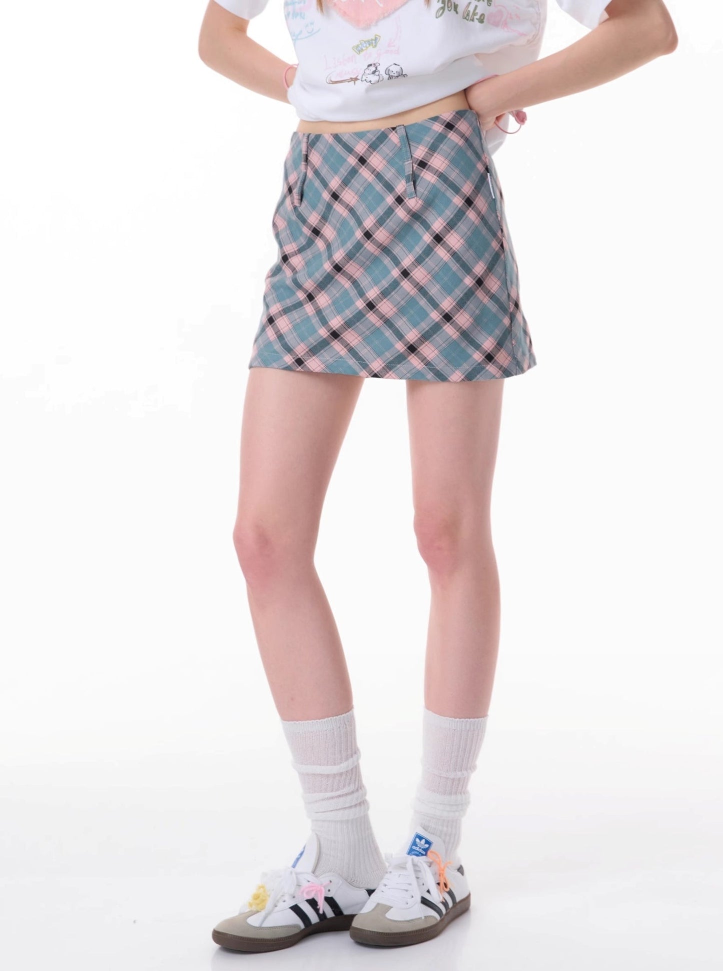 Pink Blue Plaid A-Line Skirt