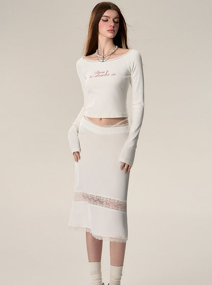 Waist Cutout Lace Stitched Skirt