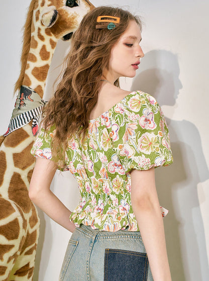 Puff Sleeve Cinched Waist Floral Top