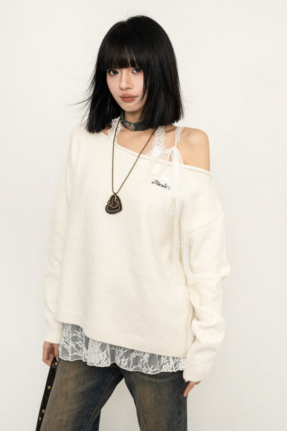 Lace Tie Slanted Shoulder Knit Sweater