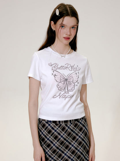 Original Hand Drawn Butterfly Print Short Top