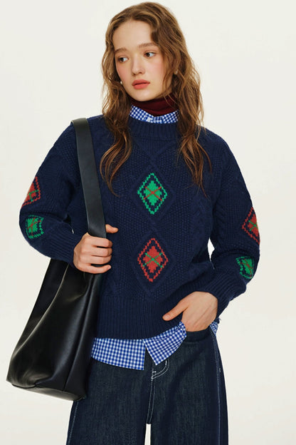 French Quilted Loose Crewneck Sweater