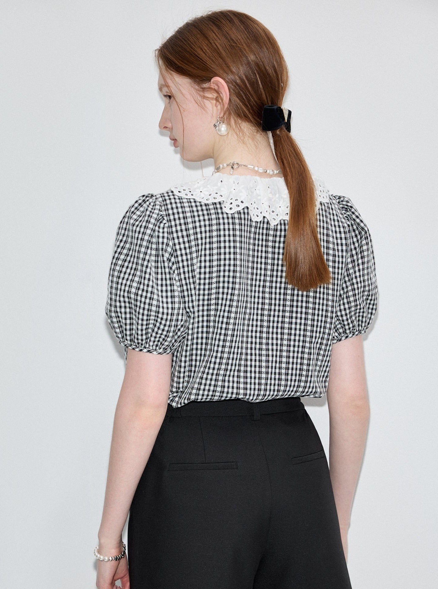 Lace Collar Check Short Sleeve Shirt