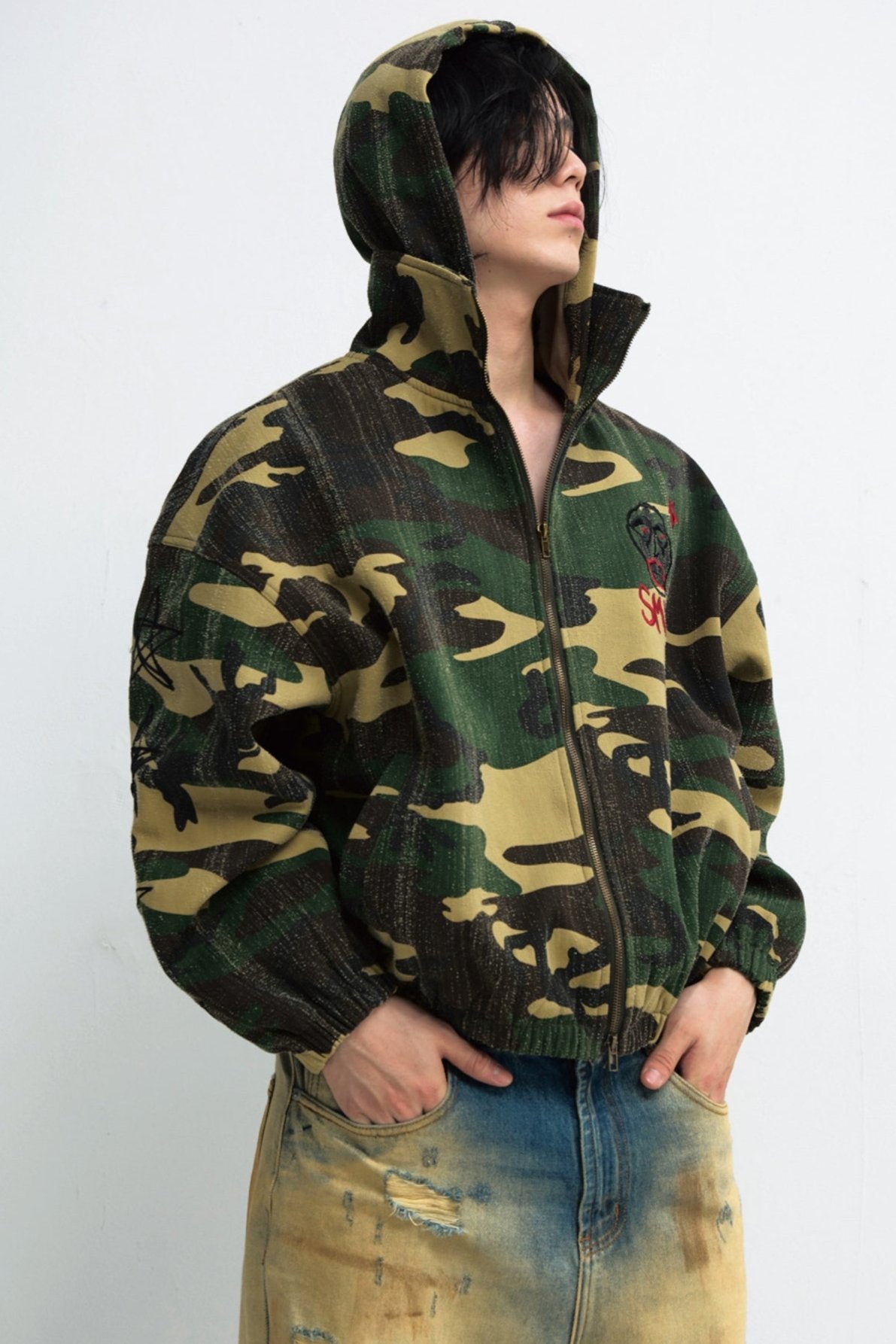 Punk Camouflage Tree Scratch Hooded Jacket