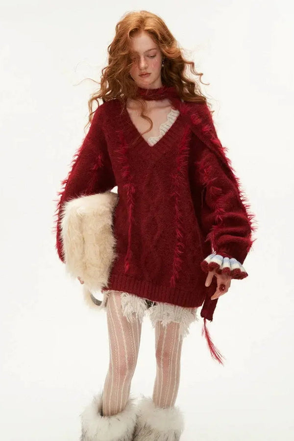 Neck Tie Twist Sweater Knit Top