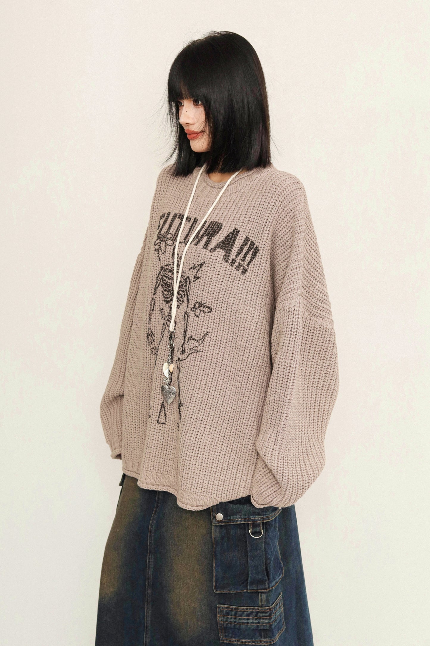 Slouchy Wool Knit Crew Neck Sweater