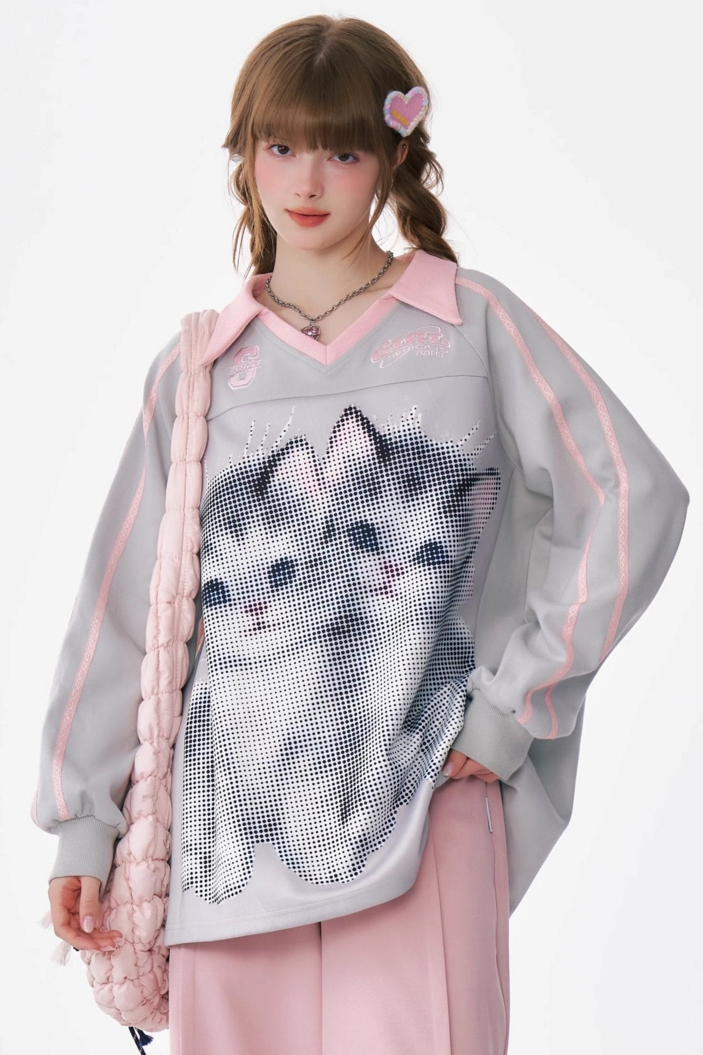 Cat Print Loose V-Neck Sweatshirt