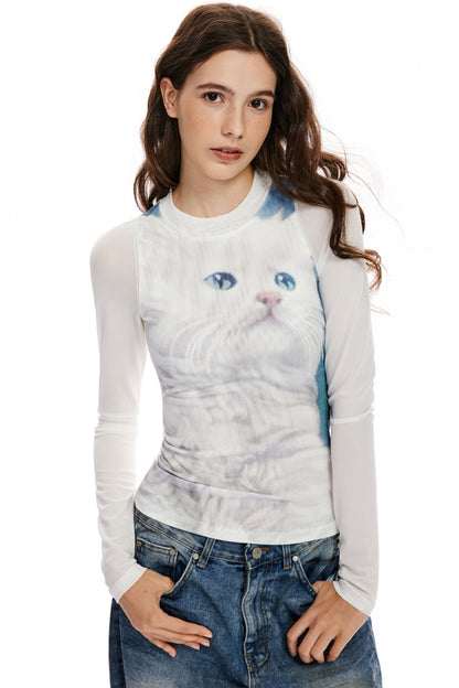 APEA Katze drucken slim fit Rundhalsausschnitt Langarm-T-Shirt Frauen abgeschnitten Stretch-Panel gefälschte zweiteilige weißes Mesh-Top