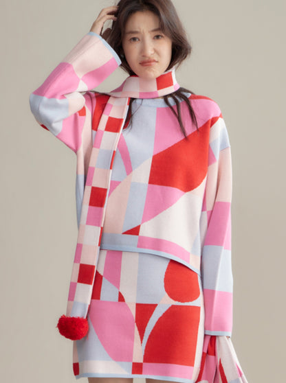 Contrast Plaid Tulip Scarf Handbag Knit Sweater Skirt Set