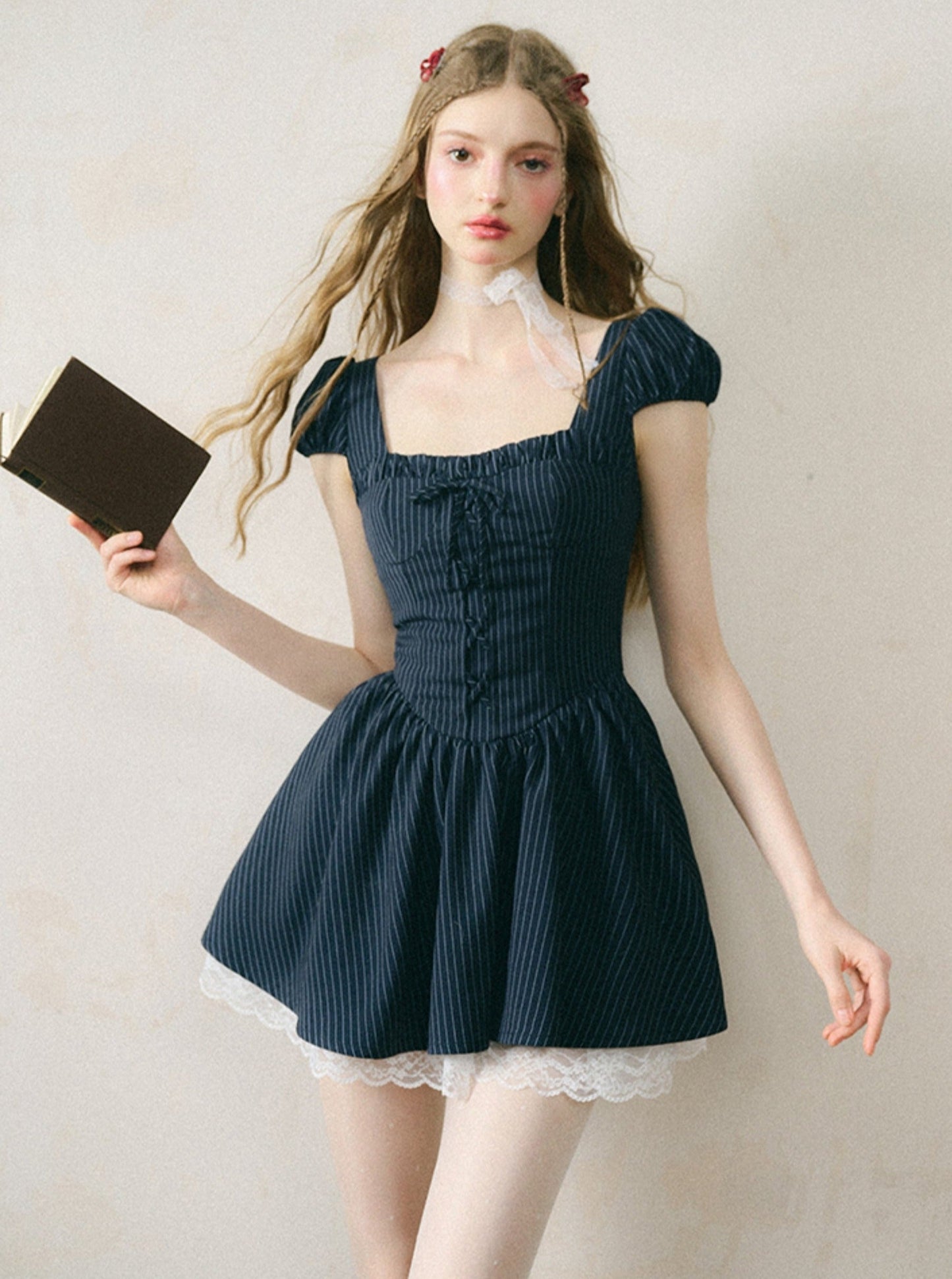 Galaxy Lace Striped Puff Sleeve Dress