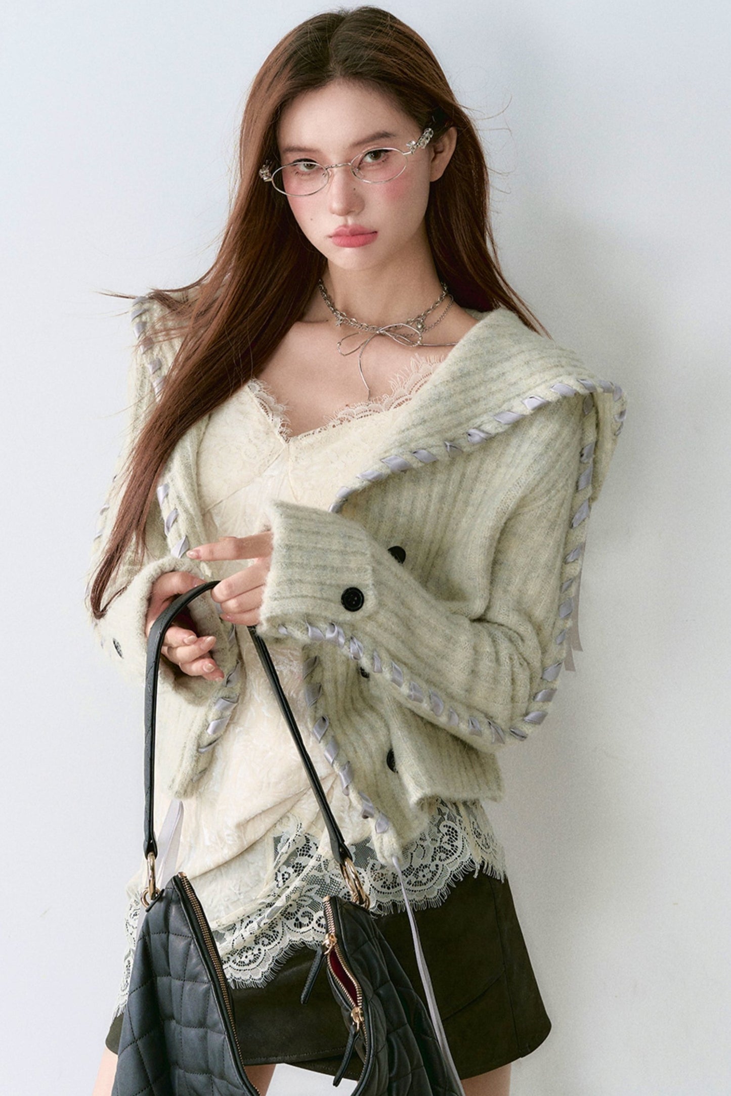 Lace Panel Sweater Jacket with Contrasting Knit Cardigan Vest