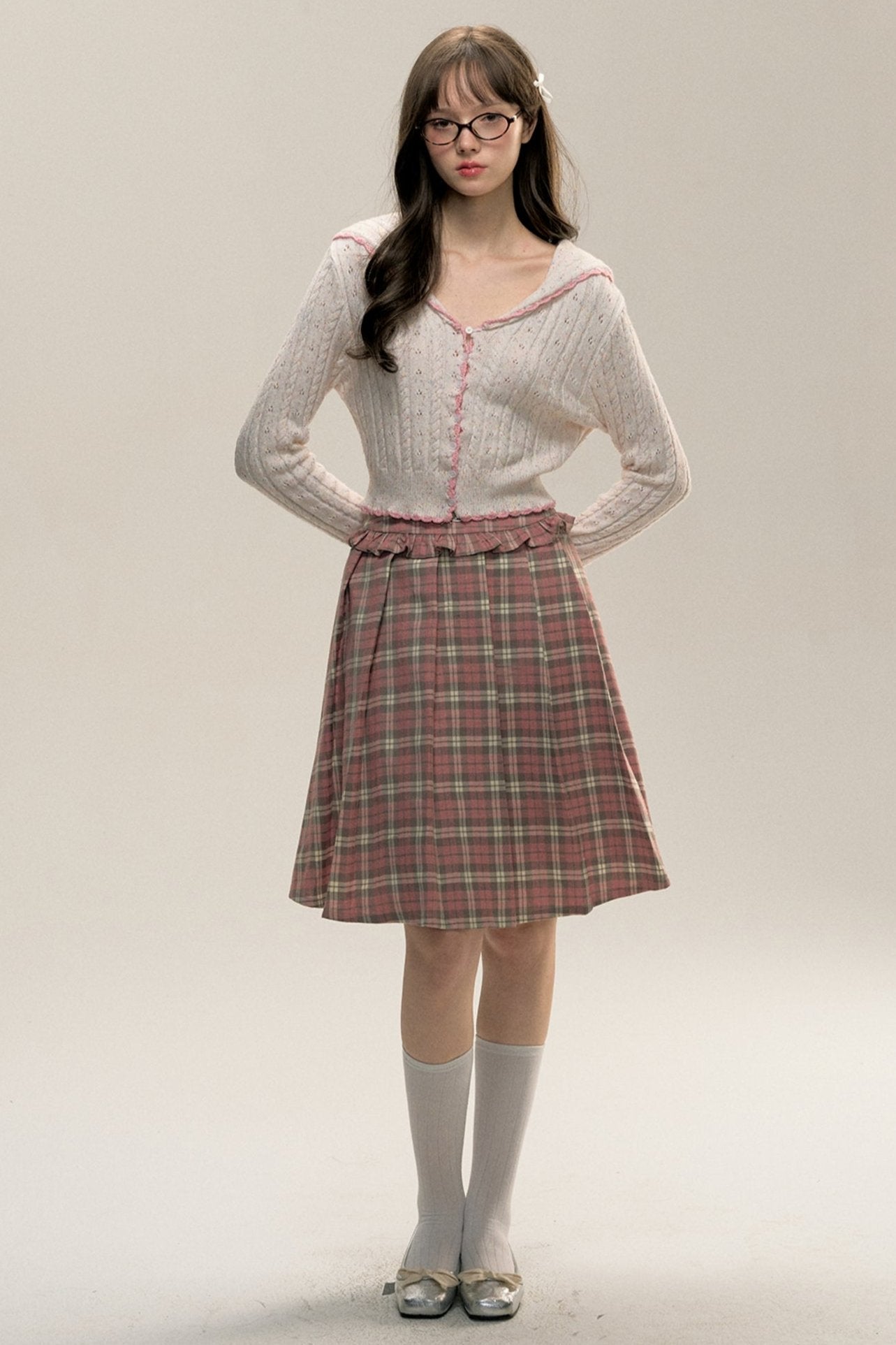 Plaid Diary Pink Lace Pleated Skirt