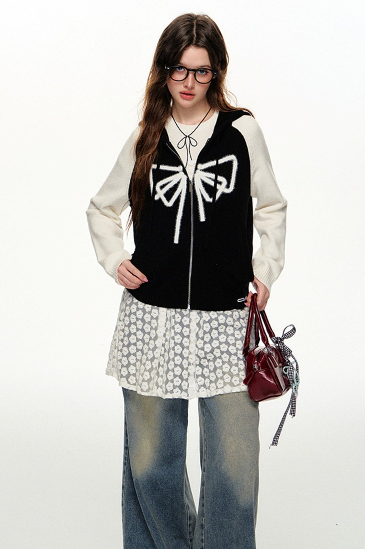 Fall Bow Knit Hooded Jacket