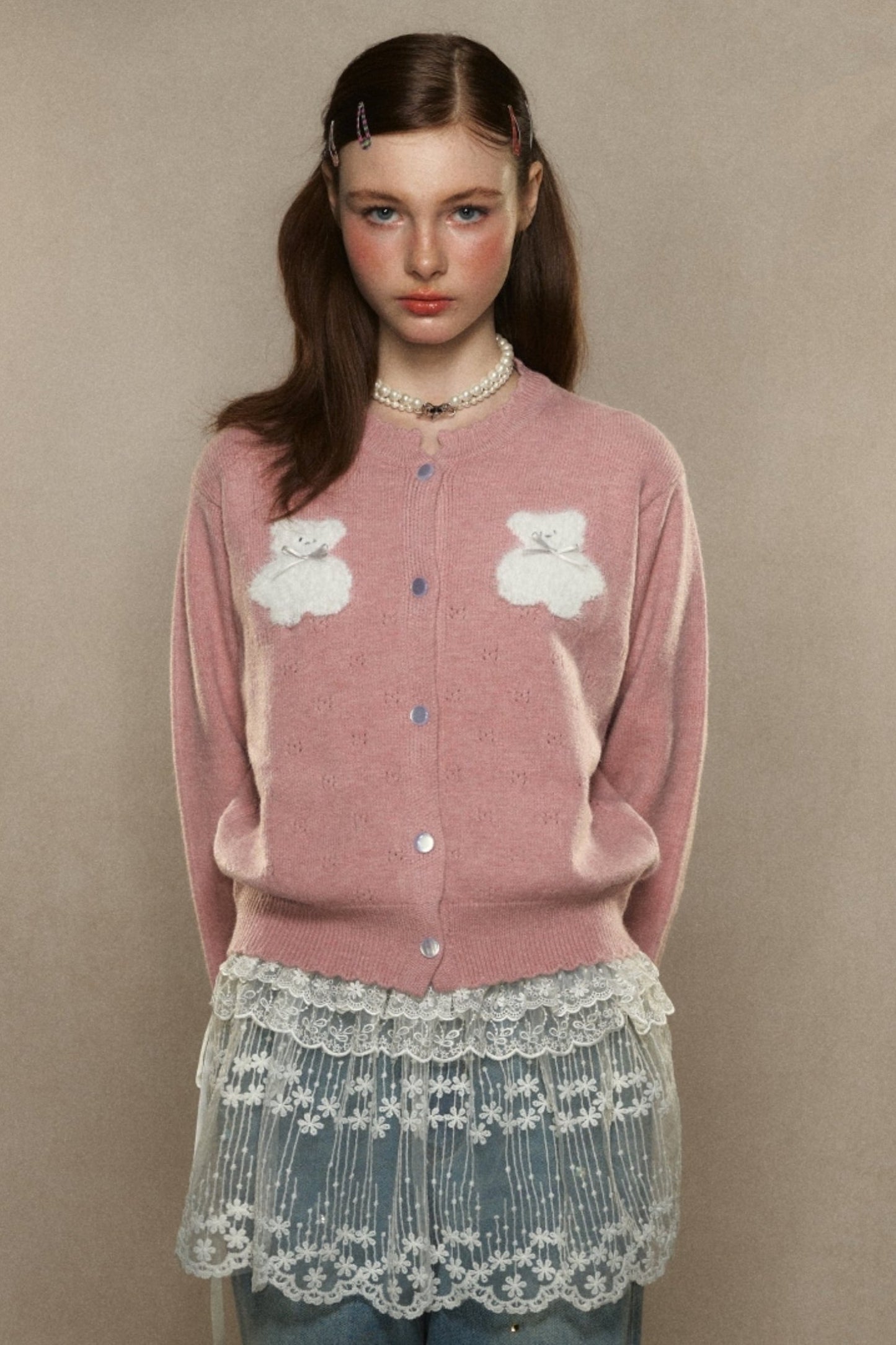 PINK CUTE BEAR KNITTED CARDIGAN