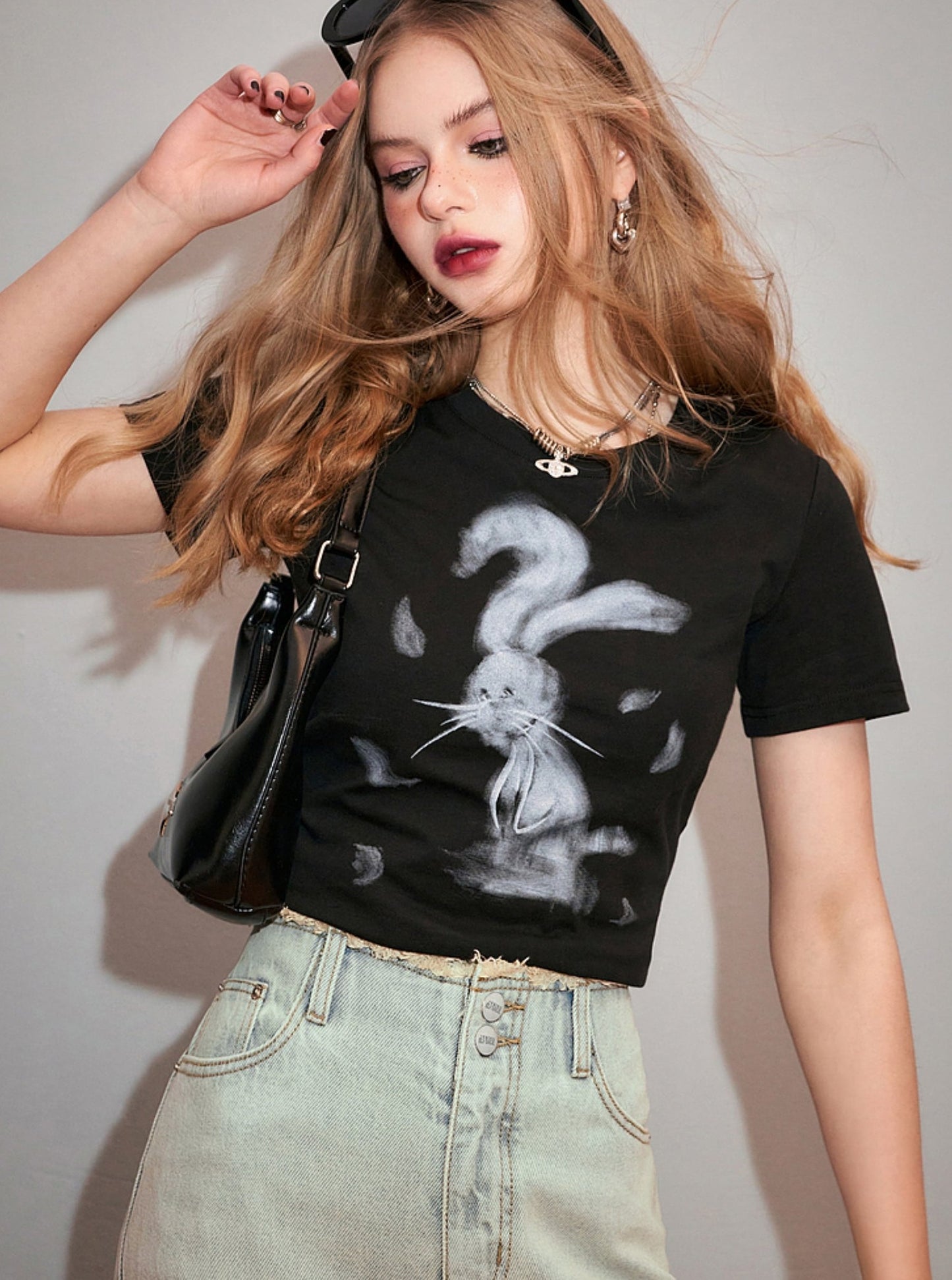 Bunny Print Slim Fit White T-Shirt