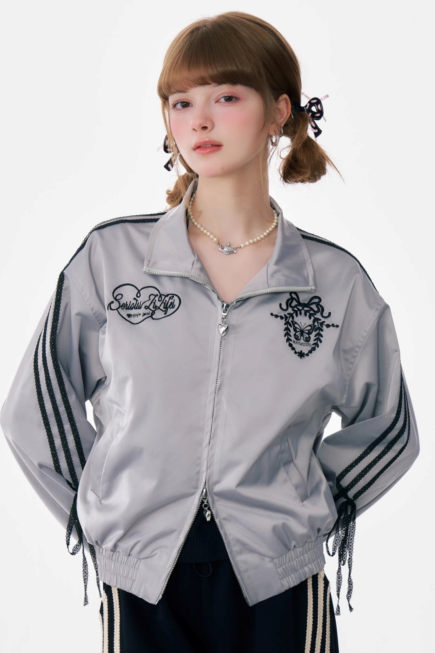 Retro Lace Bow Sporty Gray Jacket