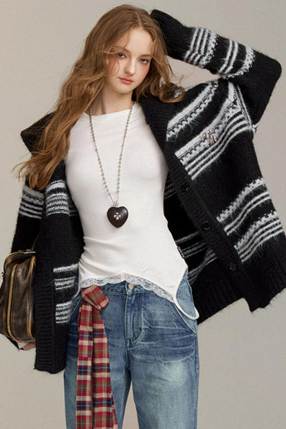 Thick Striped Hooded Cardigan