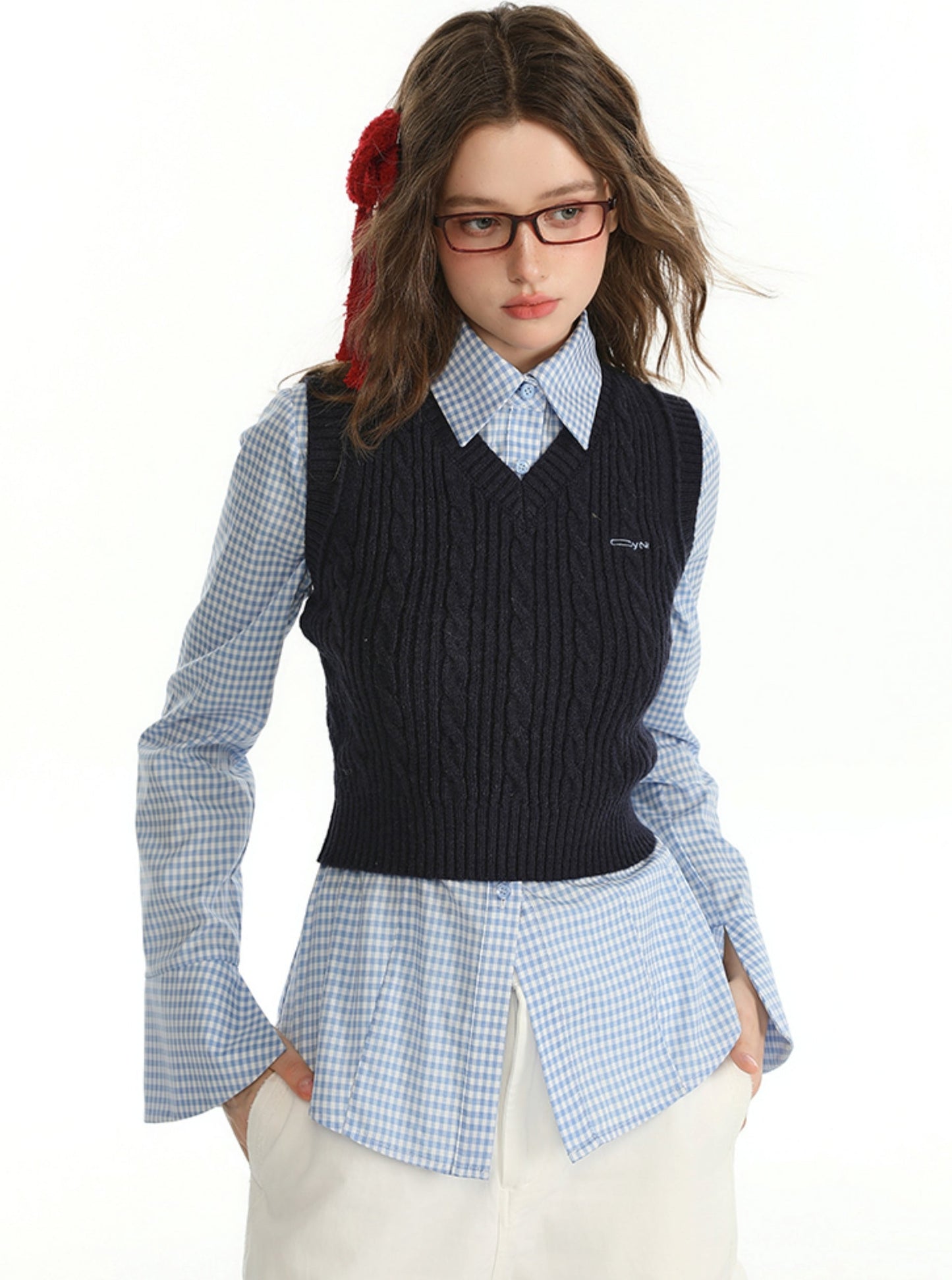 Shirt With Vintage Sweater Vest And Skirt Set-Up