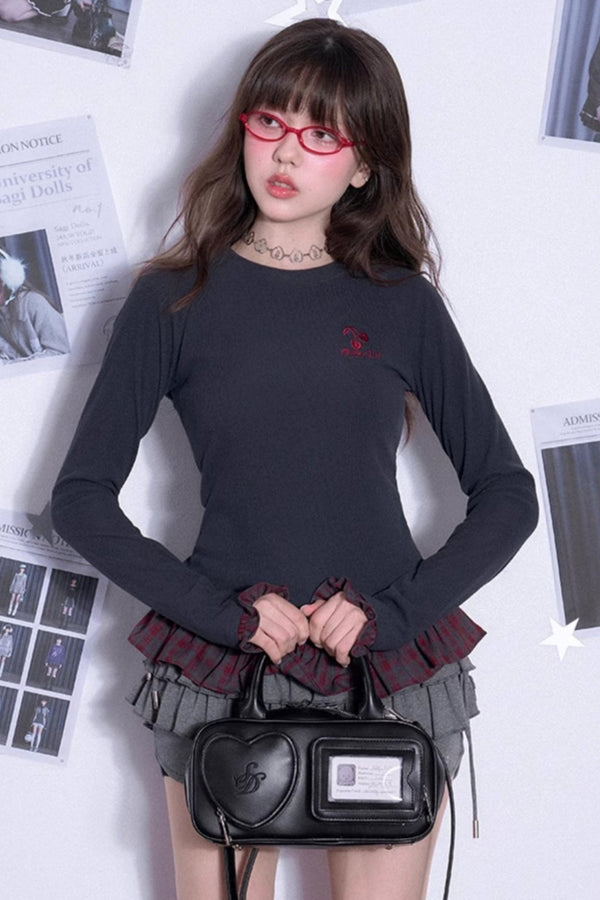 레드 체크 무늬 스티치 티셔츠 