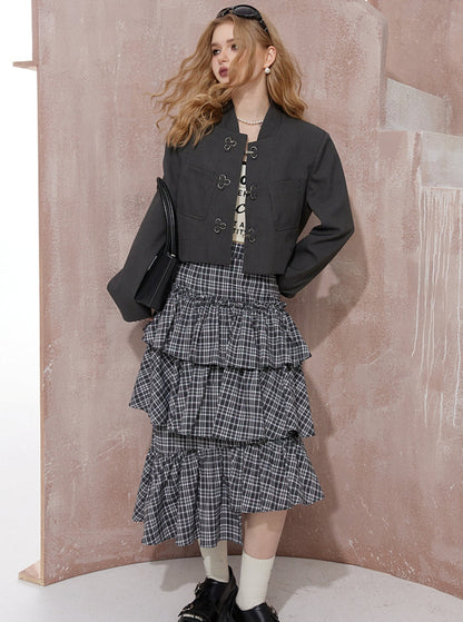 Irregular Ruffle Plaid Skirt